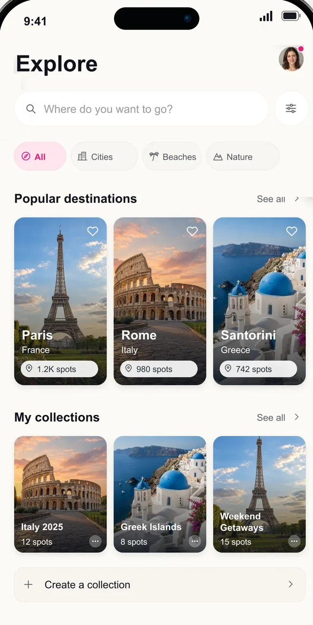 Pictoura Explore screen with popular destinations and travel collections
