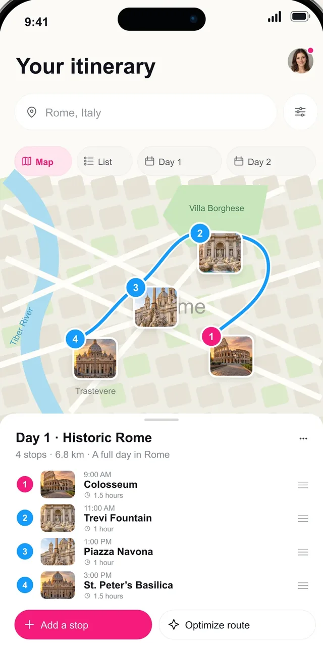 Pictoura itinerary screen with a day-by-day route through Rome on a map