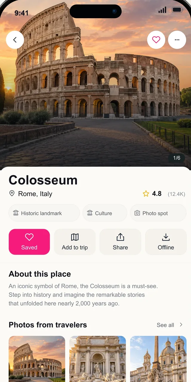 Pictoura saved place screen for the Colosseum in Rome