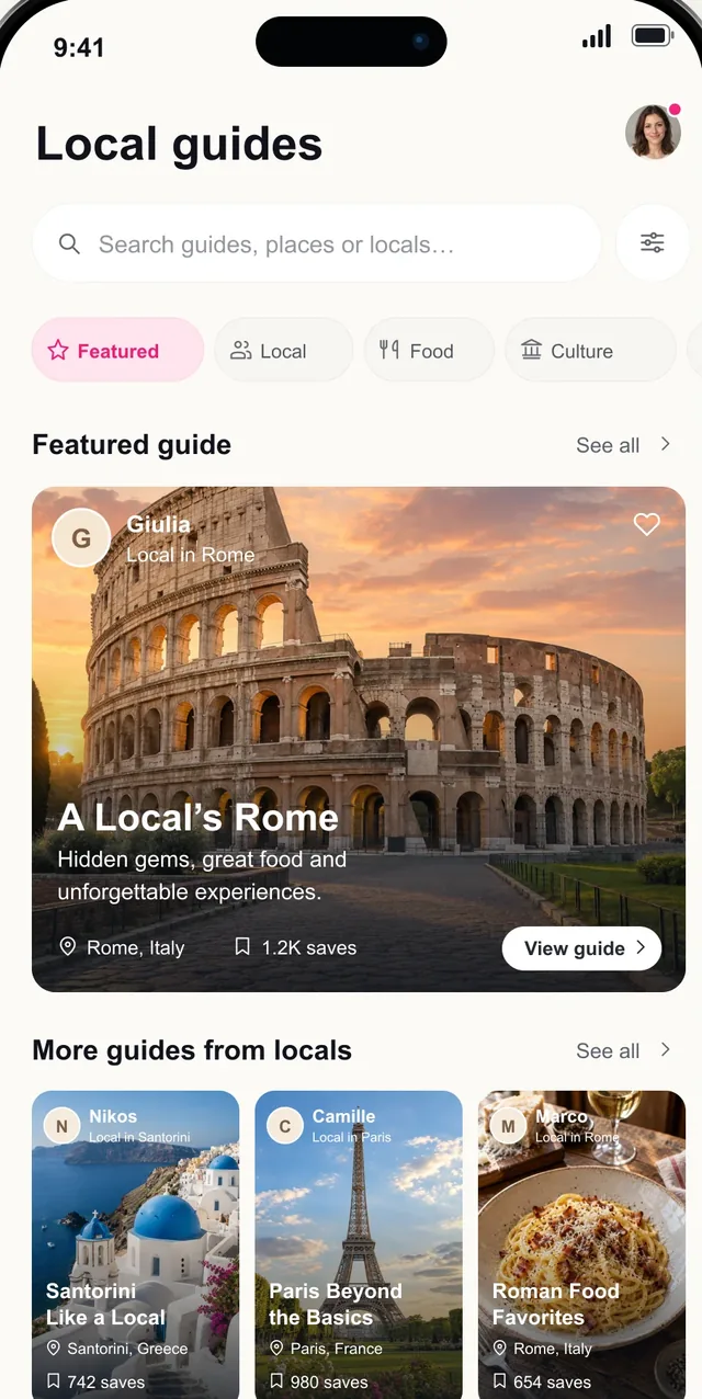 Pictoura local guides screen featuring a local’s guide to Rome